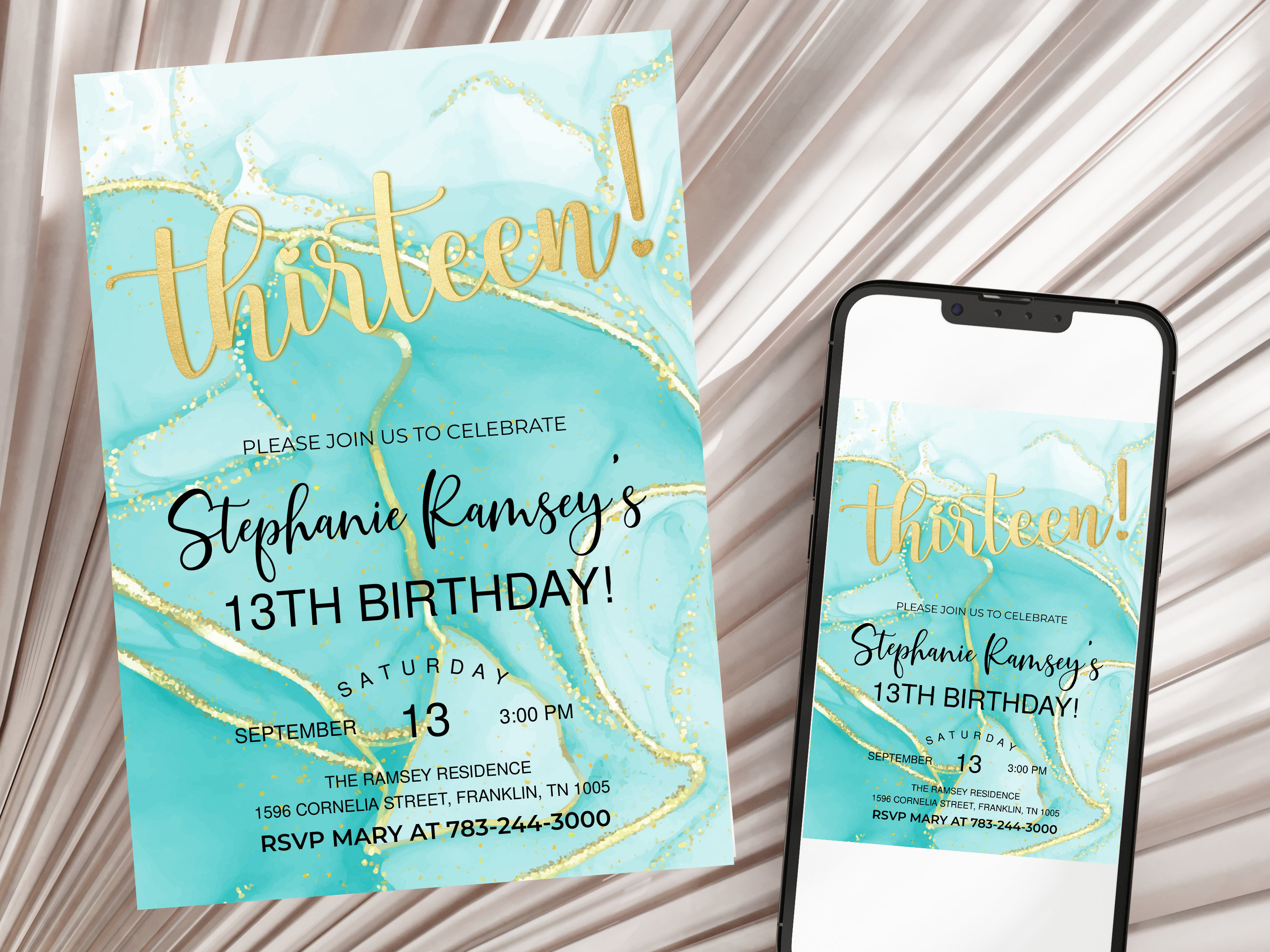 13th Birthday Invitation Editable Aqua Turquoise Teal Blue - Etsy