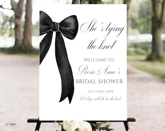 Editable She's Tying the Knot Bridal Shower Welcome Sign - Modern Black Ribbon Wedding Shower Decor - Digital Download Bridal Shower Sign