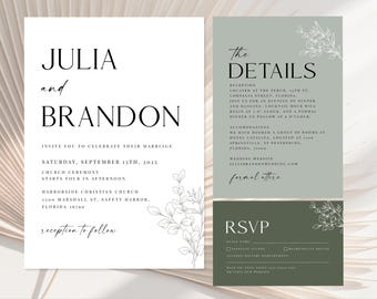 Sage Green Wedding Invitation Template, Greenery Wedding Invite Rsvp Qr code Greenery Eucalyptus Invitation set, Details Card RSVP