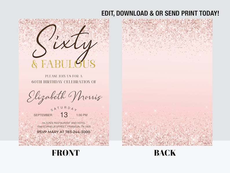 60th Birthday Invitation Printable Rose Gold Sixty and Fabulous Dinner Party Invite for Ladies Editable Digital Download 画像 3