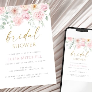 Bridal Shower Invitation Template, Greenery Bridal shower Invitation printable, Blush Pink Floral Bridal shower download, Boho bridal shower