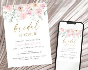 Bridal Shower Invitation Template, Greenery Bridal shower Invitation printable, Blush Pink Floral Bridal shower download, Boho bridal shower