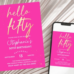 Hot Pink 50. Geburtstag einladen Damen Hallo fünfzig Fuchsia Pinks und Golds Dinner Party Einladung druckbare bearbeitbar