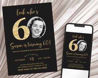 Editable 60th Invitation with photo, Look Who's 60, 60th Birthday Invitation Template, Gold 60th Invitation, Editable, Printable