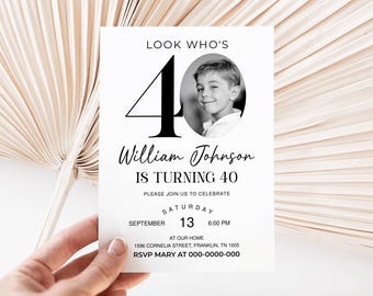 40th Invitation with photo, Look Who's 40, 40th Birthday Invitation Template, Simple 40th Invitation, Male 40th Invites, Editable, Printable
