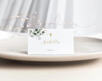 Greenery First Holy Communion Place card Template, Baptism Table Sign, Greenery Christening Place Card Baptism EDITABLE