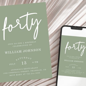 40th Birthday Invitation Forty Printable Sage Green Birthday Party Invite Editable Download Template