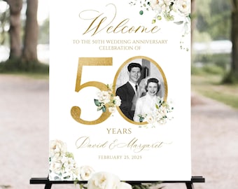 Photo Anniversary Welcome sign, 50th Wedding Anniversary Welcome Sign, 50th Anniversary Decoration, Floral Golden Anniversary Sign, Editable