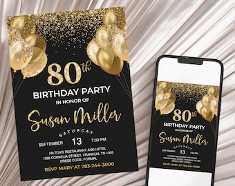 Invito per l'80° compleanno OTTANTA festa Palloncini scintillanti con glitter oro nero Digitale 5x7 stampabile modificabile