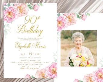 90th Birthday Invitation, Ninetieth Birthday, Women’s, Watercolor, Floral, Editable Template, Instant Download