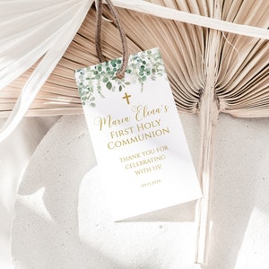 Greenery First Communion Thank You Tag, First Holy Communion, Eucalyptus Gold Leaves, Cross, Sage Leaves, Boho, Boy Girl, Favor Tag Template
