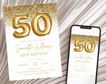 Gold Glitter Birthday Party Invitation, Golden Birthday 50th invitation, Gold Party Invite, Instant Download