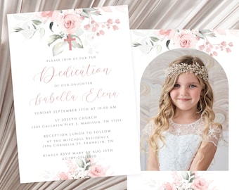 Dedication Invitation, Baptism Invitation, Blush Pink Floral, Editable Template, Printable, Digital Download