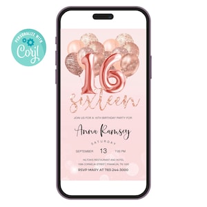 16th Birthday Invitation, Sweet Sixteen Editable Invitation, Evite