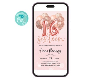 16th Birthday Invitation, Sweet Sixteen Editable Invitation, Evite
