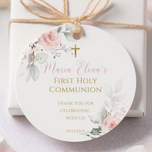 Étiquettes rondes modifiables, téléchargement immédiat, étiquette de faveur ronde floral rose, étiquette de remerciement modifiable, étiquette cadeau première communion, étiquettes de douche de fête