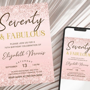 70. Geburtstagseinladung Druckbare Rose Gold Siebzig und fabelhafte Dinner-Party einladen für Damen bearbeitbare digitaler Download