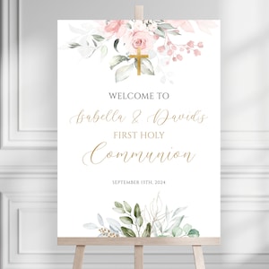 Pink First Greenery Holy Communion Welcome Sign, Editable Communion Welcome Sign, Communion Welcome Sign, Girl Communion Welcome Sign