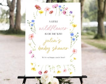 Wildflower Baby Shower Welcome Sign, A Little Wildflower Is On The Way, Floral Baby Shower Welcome Sign Poster template, Editable