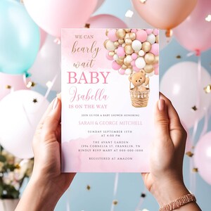 Redigerbar nallebjörn med luftballong, babyshowerinbjudan, flicka, rosa nallebjörn, babyshower, vi kan vänta, dusch, direktnedladdning bild 2