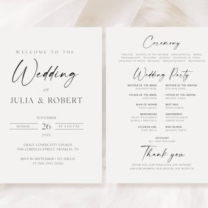 May include: A wedding program with a minimalist design. The left panel reads "Welcome to the Wedding of Julia & Robert" with the date, time, and location. The right panel lists the ceremony details, wedding party, and a thank you message.