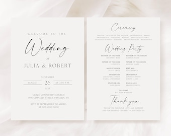 May include: A wedding program with a minimalist design. The left panel reads "Welcome to the Wedding of Julia & Robert" with the date, time, and location. The right panel lists the ceremony details, wedding party, and a thank you message.