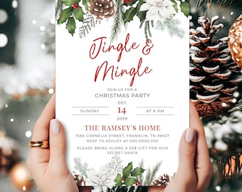 Einladung zur Jingle & Mingle Weihnachtsfeier, Einladung zur Weihnachtsfeier mit festlichem Grün, Druckbare Einladung zur Weihnachtsfeier