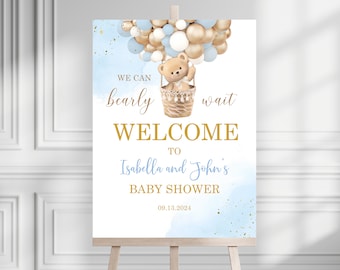 Teddybär-Babyparty-Willkommensschild Tan Braun Blau Bär Poster Wir können Bären reifen Boho Luftballons Party Schild, bearbeitbare Vorlage