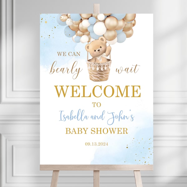 Panneau de bienvenue pour baby shower ours en peluche, affiche d'ours bleu brun beige, affiche de fête ballons bohèmes, modèle modifiable