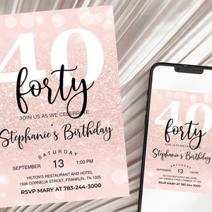 Rose Gold Einladung, Luftballons, Einladung zum 40. Geburtstag, bearbeitbare Geburtstagseinladung
