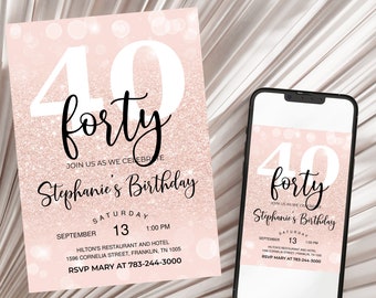 Rose Gold Invitation, Balloons, 40th Birthday Invitation, Editable Birthday Invite