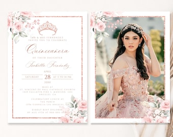 Pink and Rose Gold Quinceañera Invitation, EDITABLE Tiara Rose 15th Birthday Party Invite Template, Mis Quince Anos, Instant Download