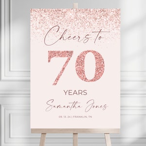 Signo de bienvenida de la fiesta de cumpleaños número 70 de oro rosa, signo editable, plantilla de signo de bienvenida de cumpleaños de oro rosa imprimible, Hola setenta saludos