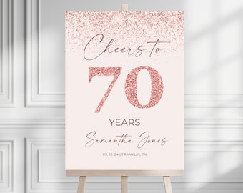 Rose Gold 70th Seventy Birthday Party Welcome Sign, Editable Sign, Printable Rose Gold Birthday Welcome Sign Template, Hello Seventy Cheers