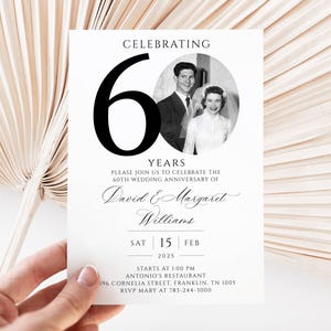60th Wedding Anniversary Invitation, Golden Anniversary Photo Invitation Template, Editable, with Photo