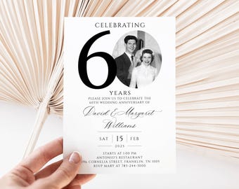 60th Wedding Anniversary Invitation, Golden Anniversary Photo Invitation Template, Editable, with Photo