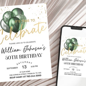 Männer Geburtstagseinladung Luftballons druckbare Let's Celebrate Party Invite Editierbare Vorlage Sage Green Gold