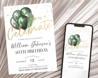 Men's Birthday Invitation Balloons Printable Let's Celebrate Party Invite Editable Template Sage Green Gold