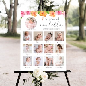 Printable One Year Of Photo Milestone Poster Template, 1st Birthday Picture Collage, Editable Hawaiian My First Year, Instant Download