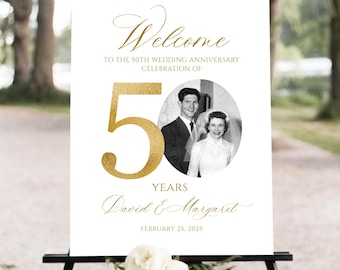 Cartello di benvenuto per l'anniversario fotografico, cartello di benvenuto per il 50° anniversario di matrimonio, decorazione per il 50° anniversario, cartello per l'anniversario d'oro, modificabile