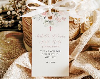 Pink Floral First Communion Thank You Tag, Baptism, Watercolor Pink, Cross, Boho, Girl, Favor Tag Template