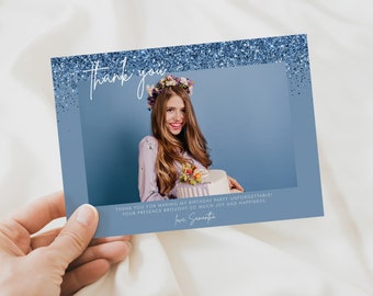 Birthday Thank You Card With Photo - Editable Template - Navy Blue and ...