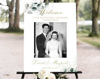 Letrero de bienvenida para aniversario con foto de Greenery, letrero de bienvenida para el 50.º aniversario de bodas, letrero de aniversario de oro, editable