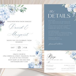 Blaue Hochzeitseinladungs-Vorlagen-Set, Boho-Hochzeit lädt ein, eleganter Garten-Stahl, hellblaue Rosen-Details, antwortet
