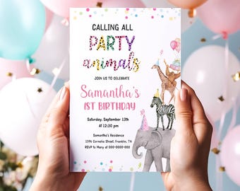 Invitación de cumpleaños editable con animales de fiesta, invitación con animales salvajes, animales de safari del zoológico, niño, descarga la plantilla Corjl imprimible