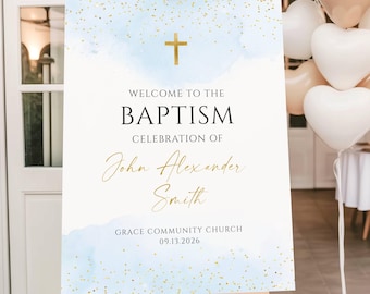 Blue & Gold Baptism Welcome Sign Template, Printable Light Blue Watercolor Christening Sign, Editable Welcome Board, Digital Download