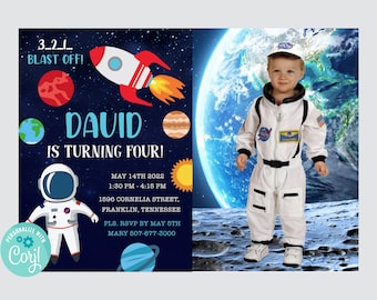 Outer Space Birthday Invitation Template, Planets Rocket Ship Astronaut Invite, Galaxy Blast Off Invitation, Editable Invitation