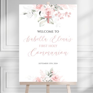 Pink First Holy Communion Welcome Sign, Editable Communion Welcome Sign, Pink Watercolor Communion Welcome Sign, Girl Communion Welcome Sign