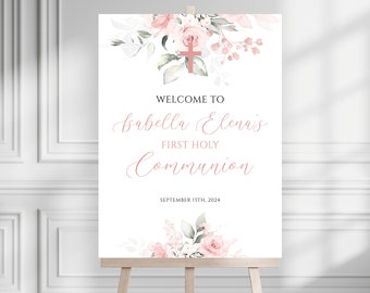 Signo de bienvenida de la Primera Comunión rosa, signo de bienvenida de la comunión editable, signo de bienvenida de la comunión de la acuarela rosa, signo de bienvenida de la comunión de la niña