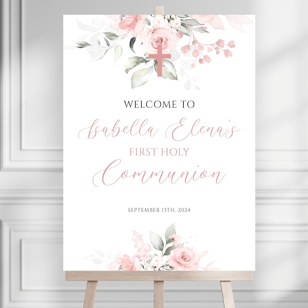 Pink First Holy Communion Welcome Sign, Editable Communion Welcome Sign, Pink Watercolor Communion Welcome Sign, Girl Communion Welcome Sign